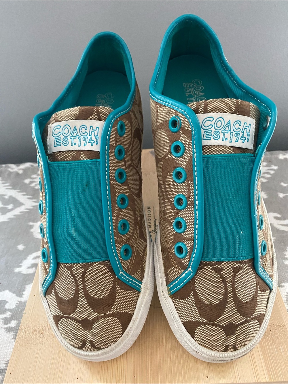 Coach Kids Signature Slip-On Sneakers in Turquoise and Brown